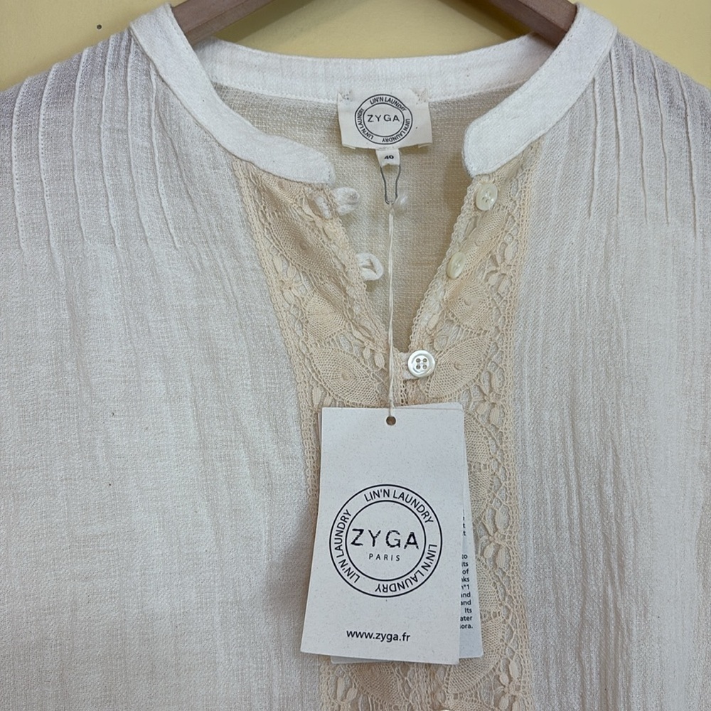 Zyga Lin'n Laundry NWT Medee Chemise Ivory Cotton Gauze Button Up Lace Top FR 40 - Picture 5 of 17